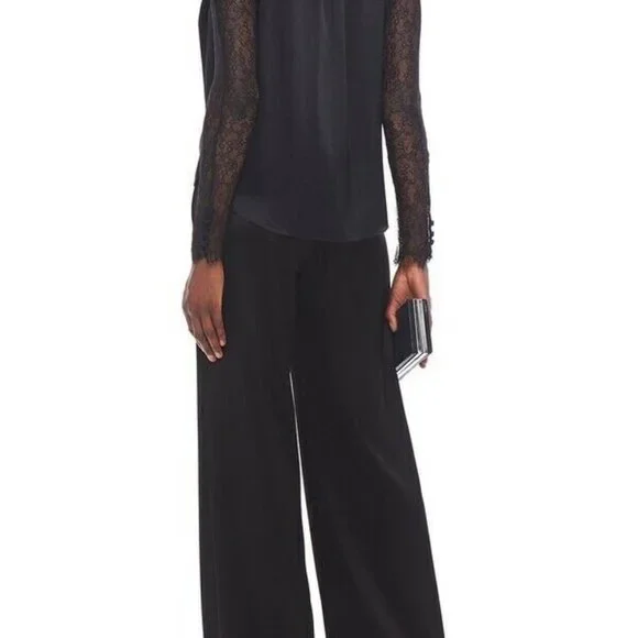 Jonathan Simkhai Satin Tie Neck Chantilly Lace Sleeve Wrap Black Blouse XS - Picture 3 of 12